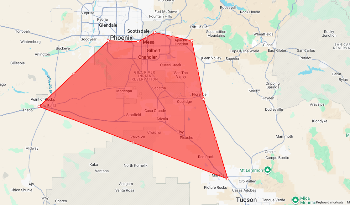 Service area map highlighting Maricopa, Casa Grande, Chandler, Tempe, Eloy, Marana, Gila Bend, Phoenix, Gilbert, Mesa, Florence, and Sacaton